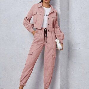 Dusty Pink Boho Womens Corduroy Flap Detail Jacket With Tie Front Cargo Pants